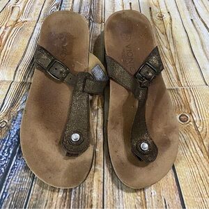 Vionic 44Mary Brown Leather Glitter Thong Toe Slip On Sandals Size 9